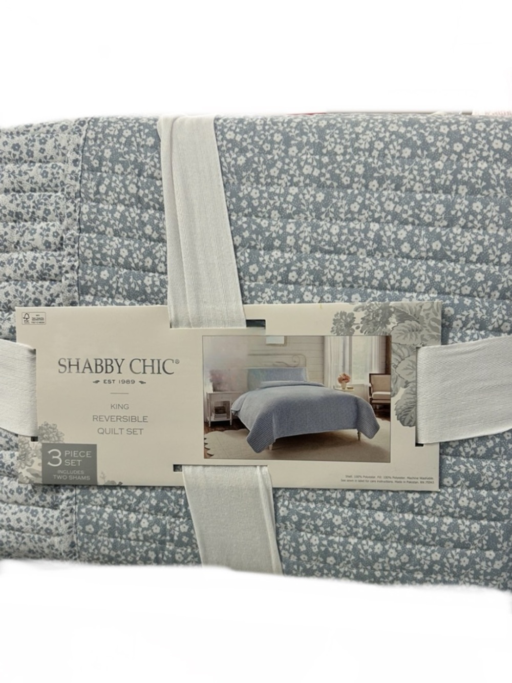 Shabby Chic Blue and White Floral Reversible King Cotton Quilt Set 106”x92”